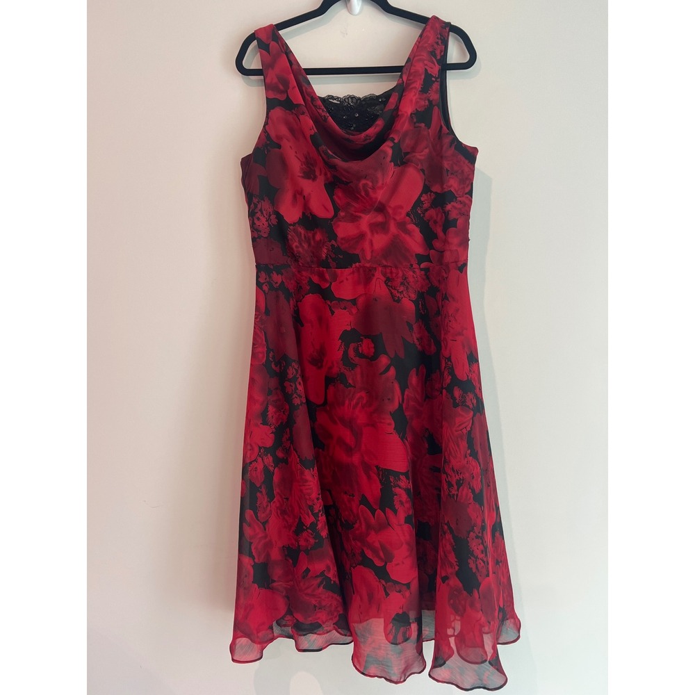 Coldwater Creek Red Black Floral Lace Inset Cowl Neck Midi Dress 16 Whimsigoth